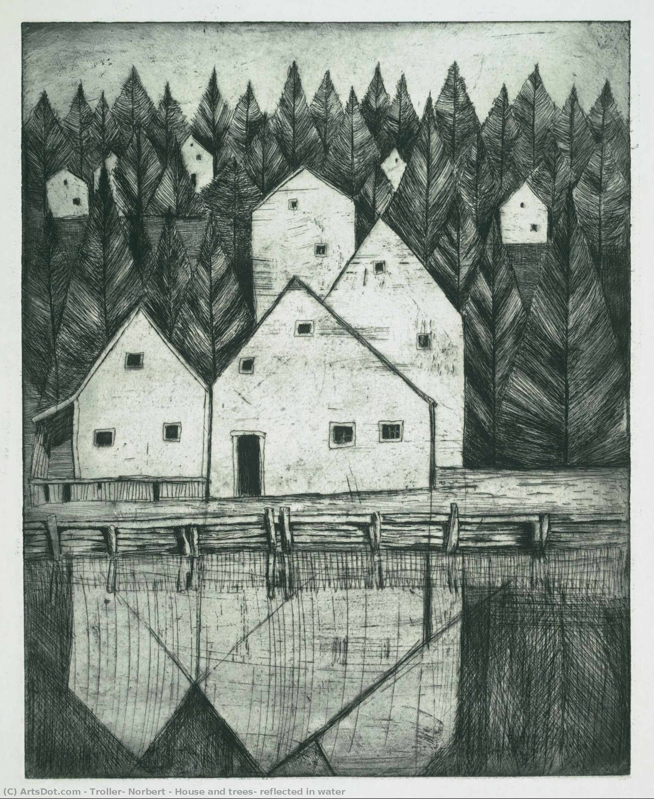 House And Trees, Reflected In Water — Norbert Troller