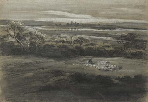 A Shepherd And Sheep In A Wooded Landscape — Cornelius Varley