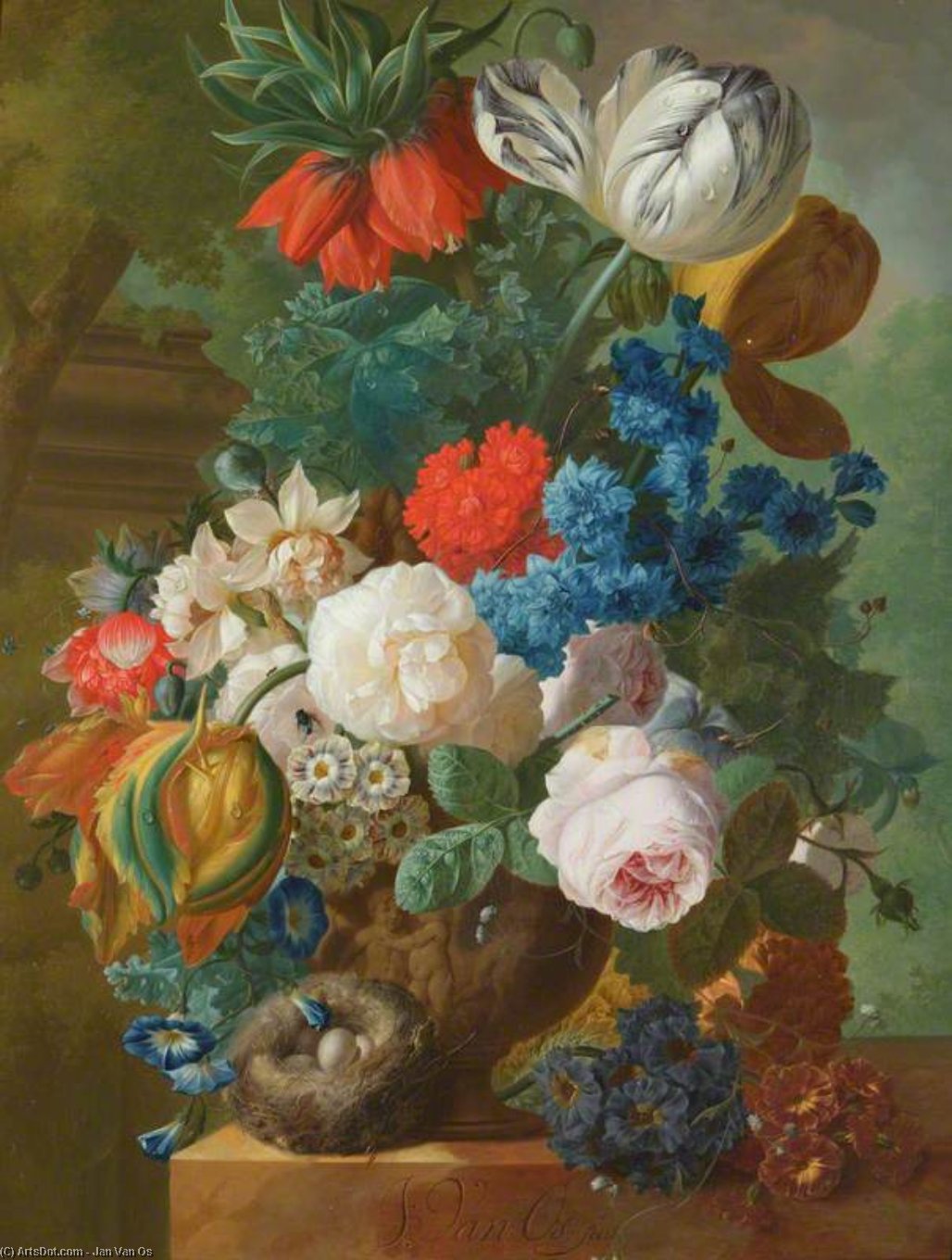 Roses, Tulips And Crown Imperial In A Vase With A Bird's Nest — Jan Van Os