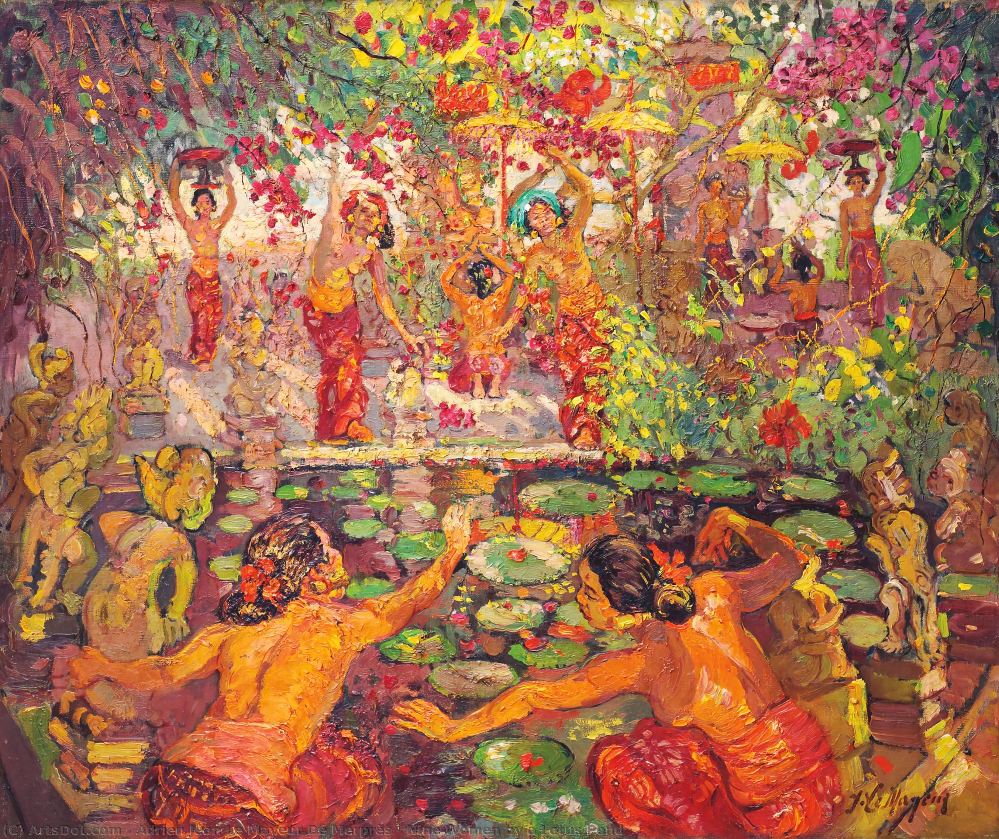 Nine Women By A Lotus Pond — Adrien Jean Le Mayeur De Merprès