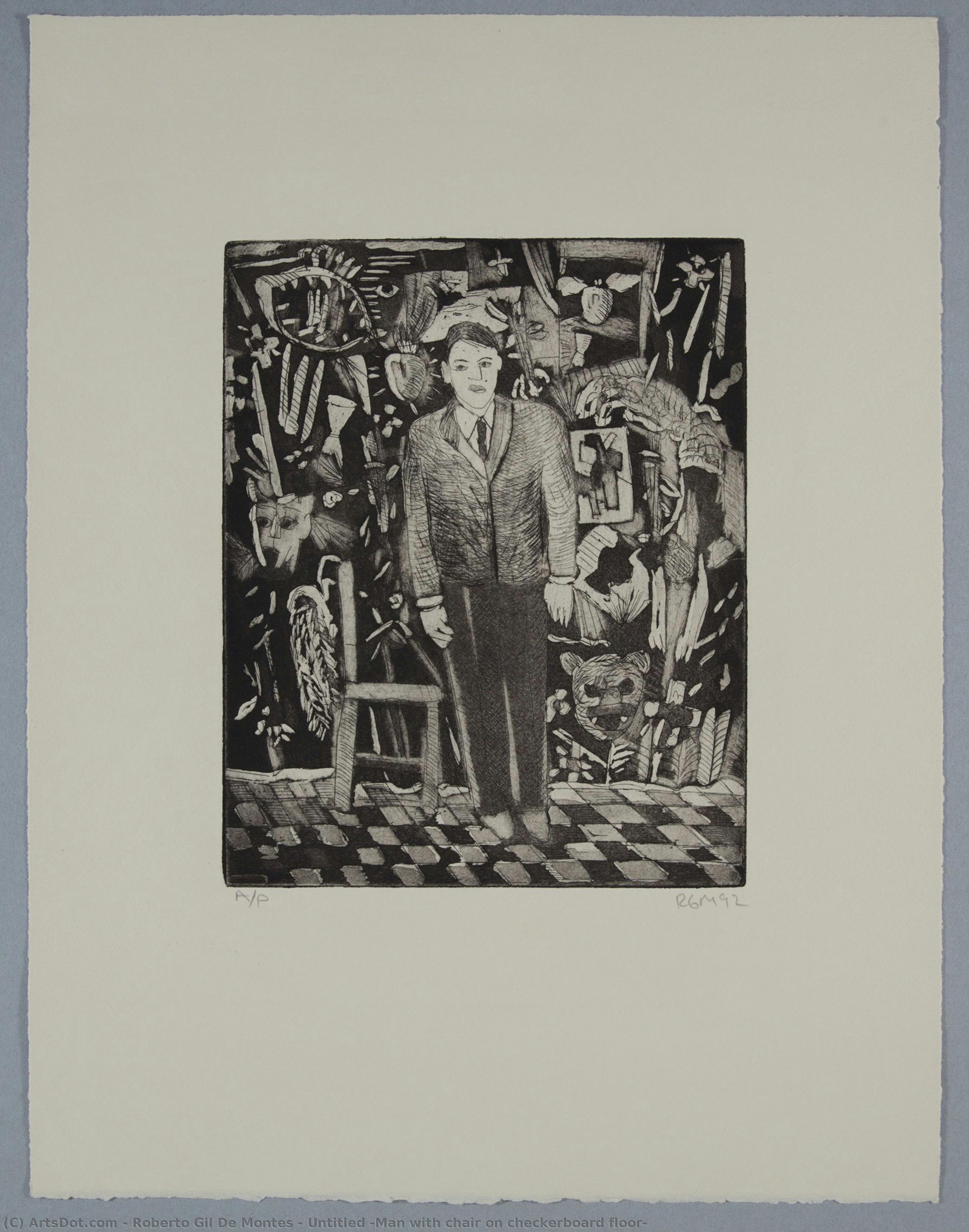 Untitled (man With Chair On Checkerboard Floor) — Roberto Gil De Montes