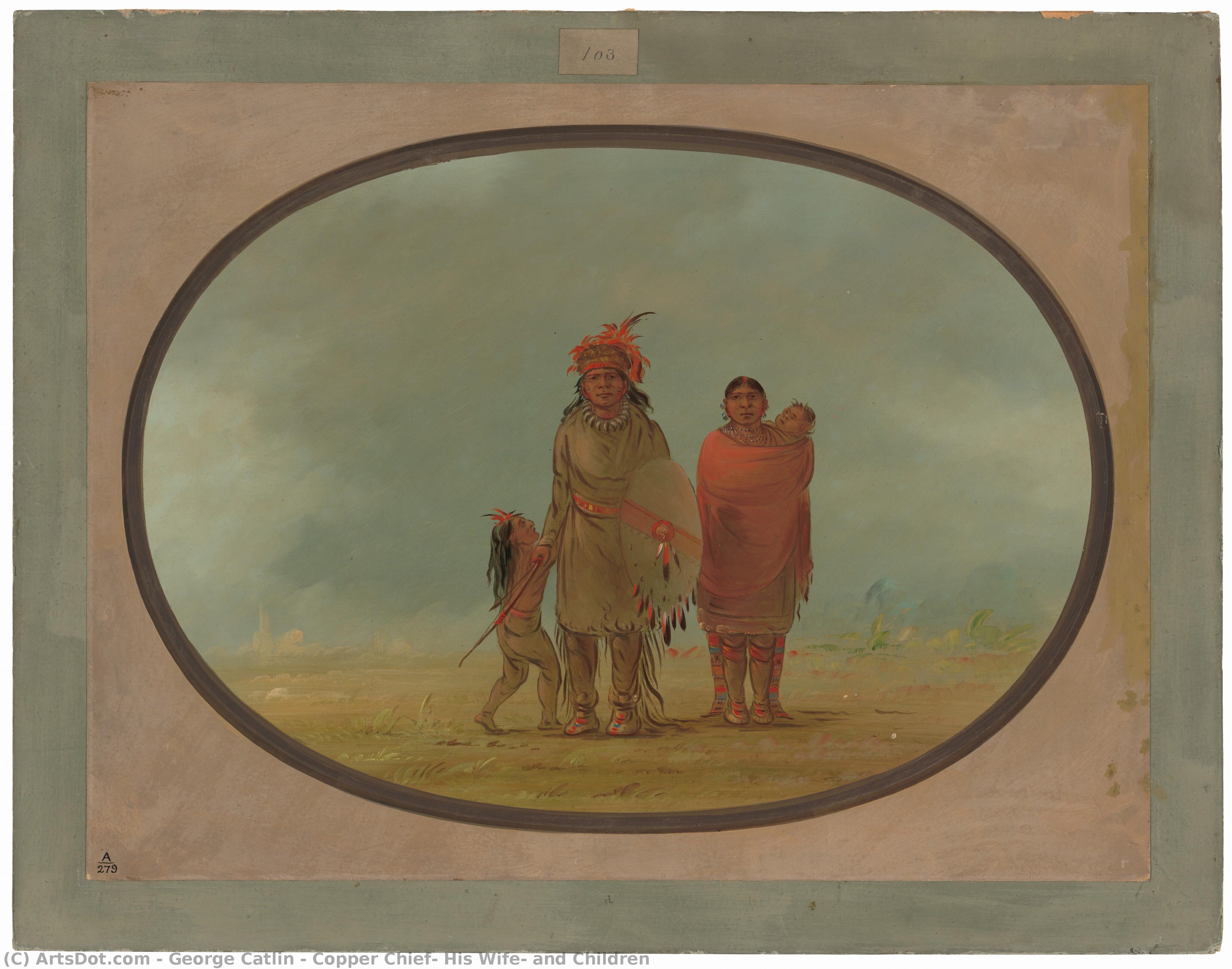 Copper Chief, His Wife, And Children — George Catlin