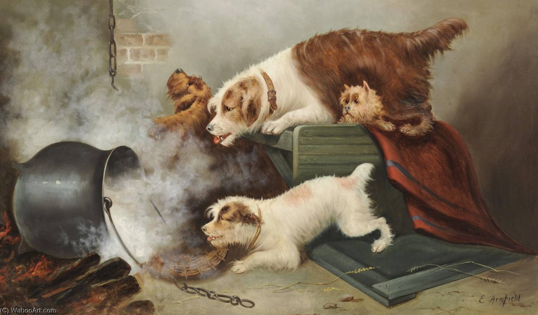 Four Terriers In An Interior, A Pot Of Hot Water Falling From A Fire — Edward Armfield