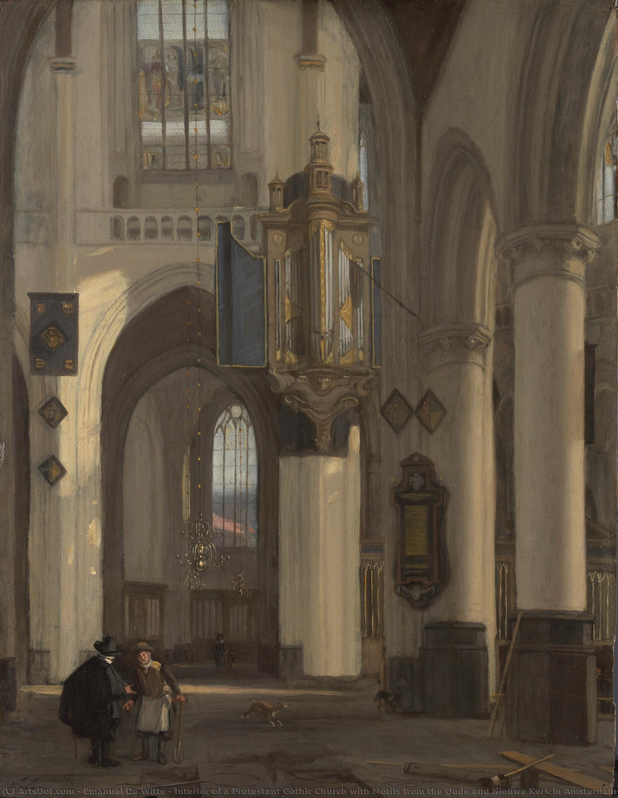 Interior Of A Protestant Gothic Church With Motifs From The Oude And Nieuwe Kerk In Amsterdam, Emanuel De Witte, 1677 — Emanuel De Witte