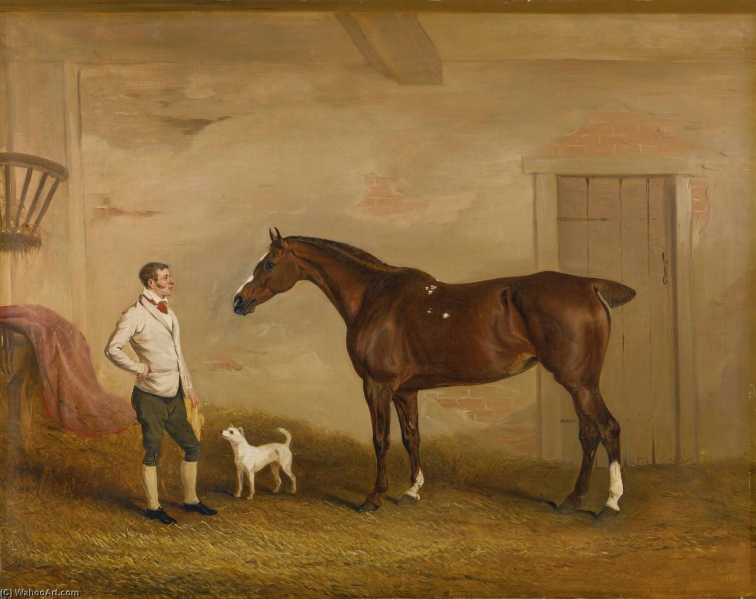 Portrait Of A Chestnut Hunter In A Stable, With A Groom And Terrier — John Ferneley, Snr
