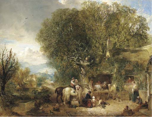 Figures By A Cottage In An Extensive Wooded Landscape — William Collins