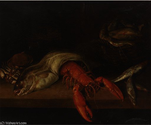 A Lobster, A Basket Of Fish, A Crab, A Cod And Other Fish On A Ledge — Abraham Hendricksz. Van Beyeren
