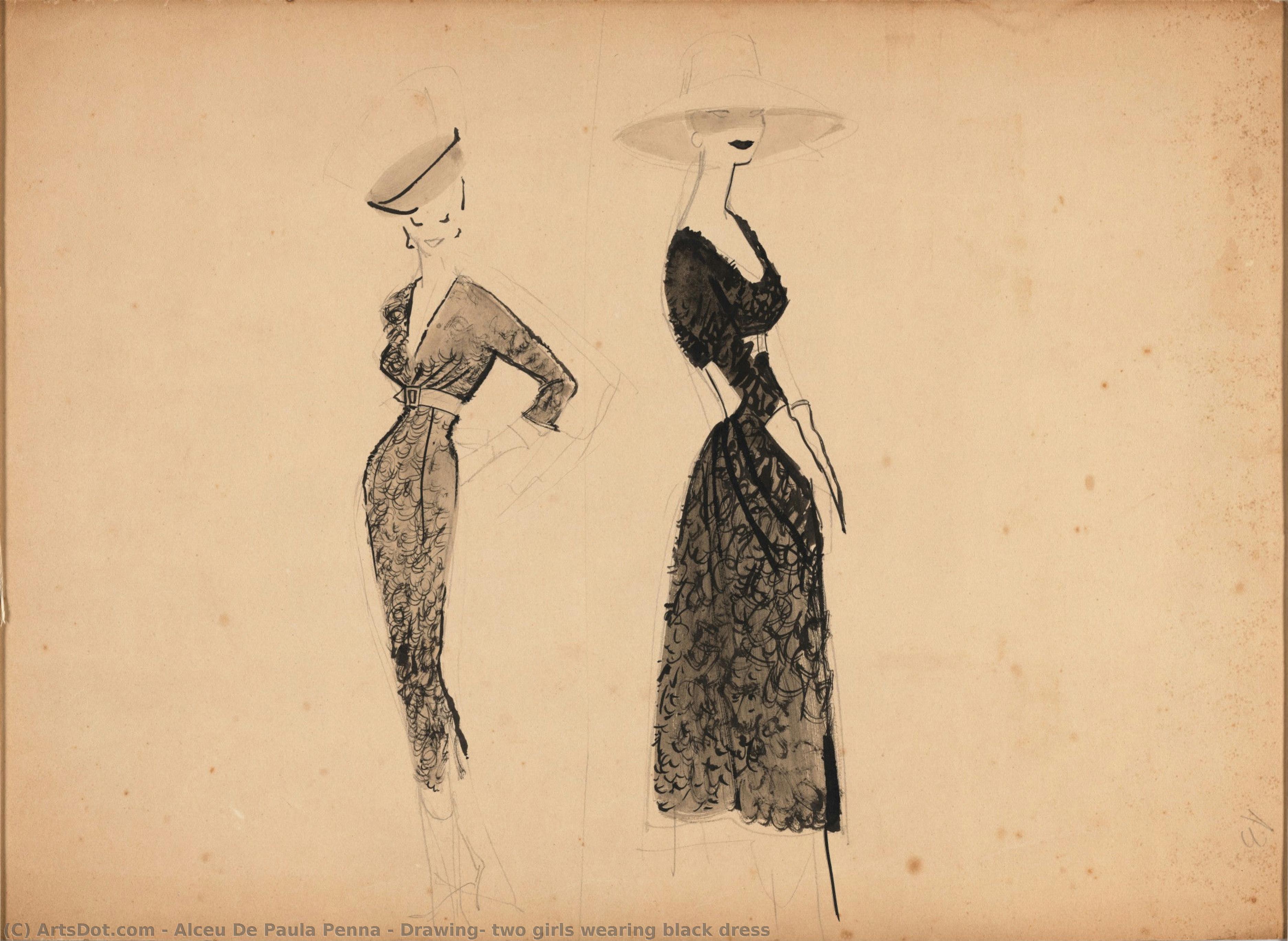 Drawing, Two Girls Wearing Black Dress — Alceu De Paula Penna