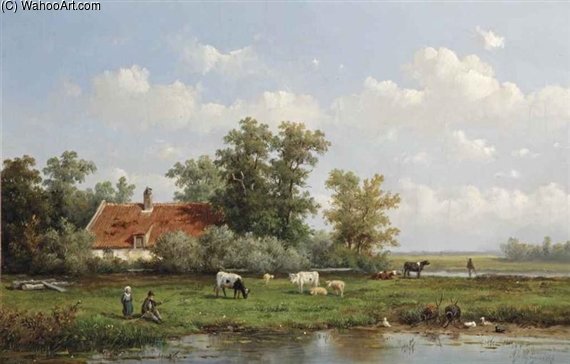 A Polder Landscape With Figures And Cattle — Anthonie Jacobus Van Wijngaerdt