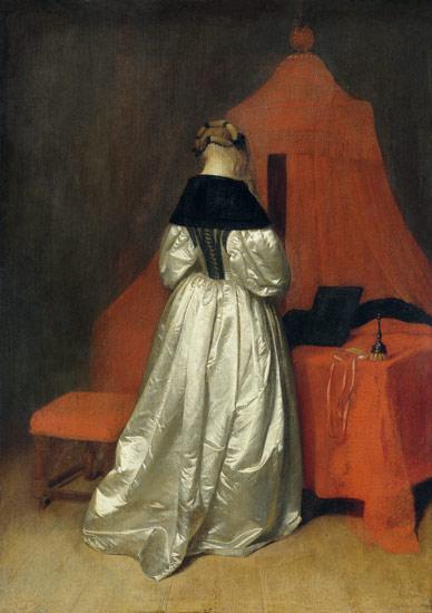 Eine Dame In Weissem Atlas Vor Dem Bett Mit Roten Vorhaengen — Gerard Ter Borch The Younger