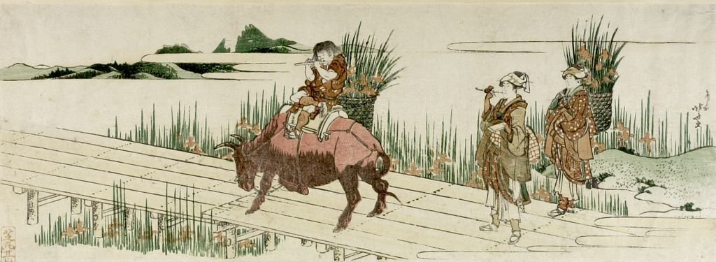 Two Women Gathering Iris And Boy Playing Flute On Bull — Katsushika Hokusai