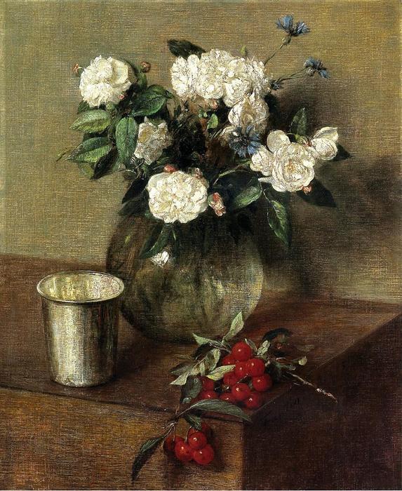 White Roses And Cherries — Henri Fantin-latour