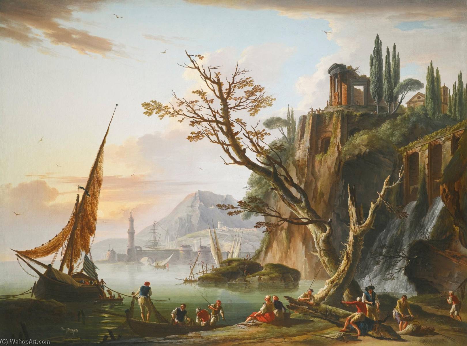 A Coastal Landscape At Sunset, With Fishermen Mooring Their Boats And Figures On The Shore — Charles Francois Lacroix De Marseille