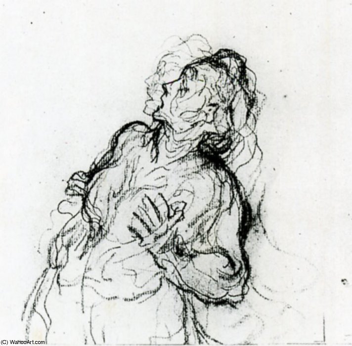 Etude D'une Femme Épouvantée, Crayon, Fusain Study Of A Terrified Woman, Pencil, Charcoal — Honoré Daumier