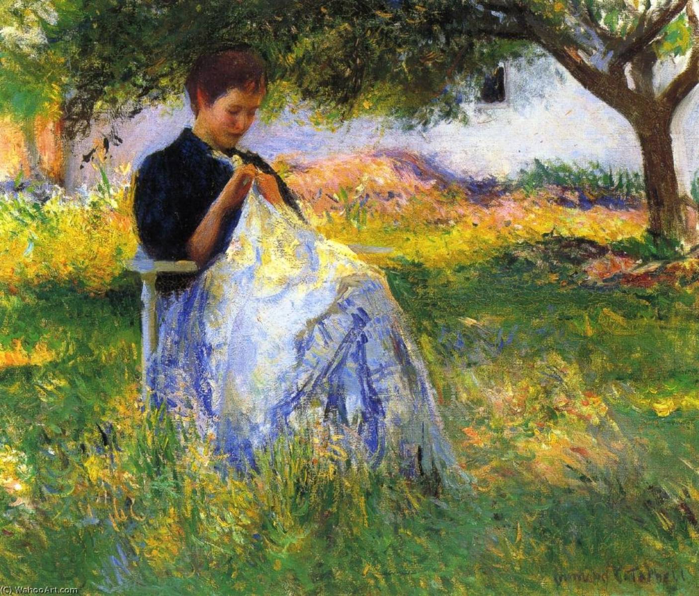 A Girl Sewing In An Orchard — Edmund Charles Tarbell