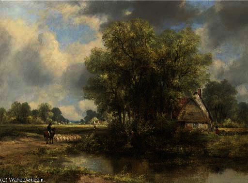 A Wooded Landscape With A Cottage By A Pond And A Figure And Sheep On A Path — Frederick Waters (william) Watts