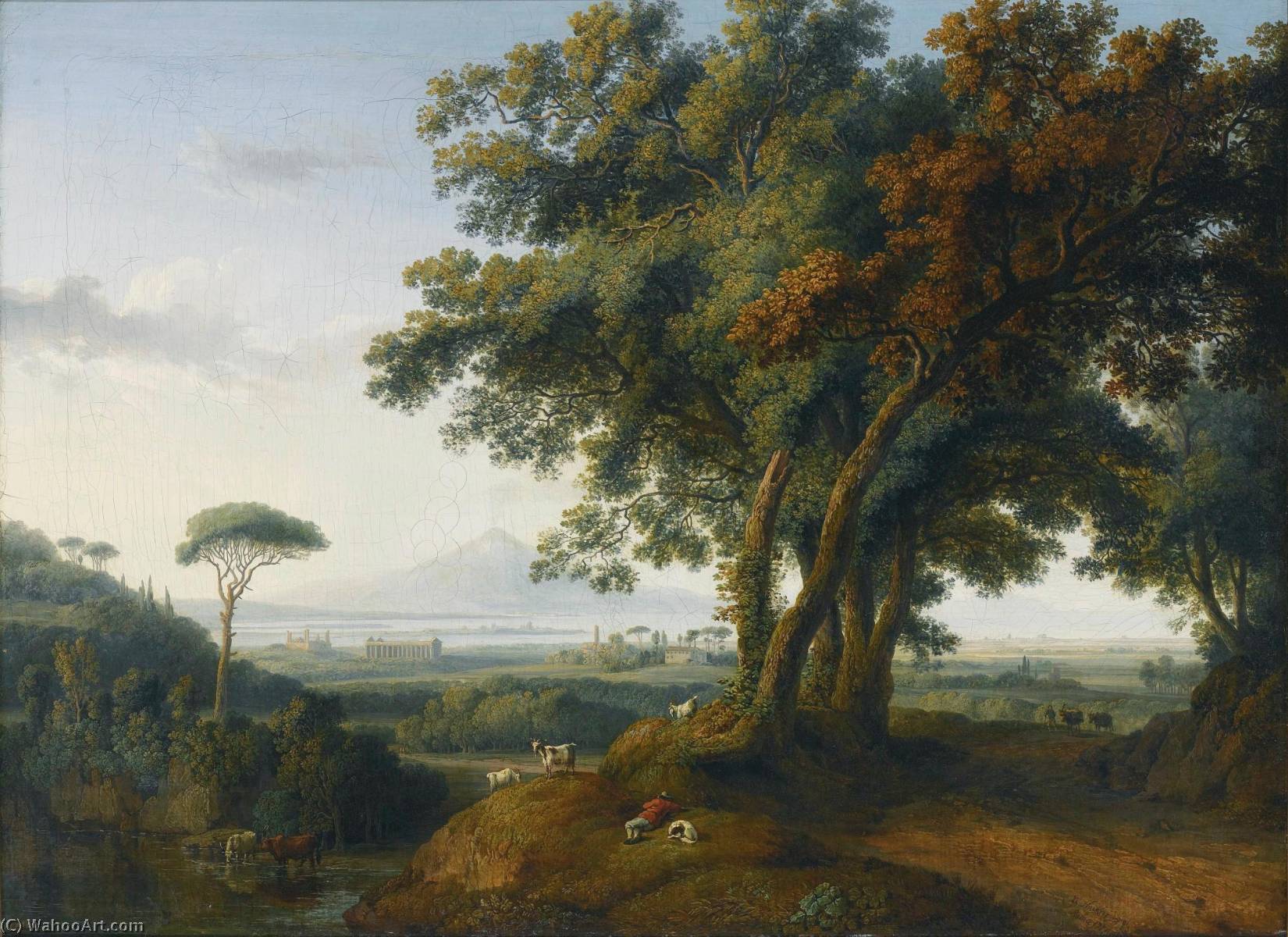 An Italian Capriccio Veduta, With A Greek Temple Near A Shoreline, And A Distant Volcano — Jakob Philipp Hackert