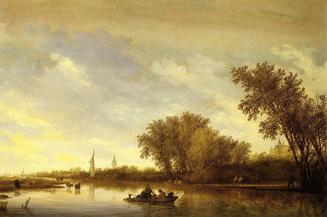 A River Landscape With Boats And Chateau — Salomon Van Ruysdael