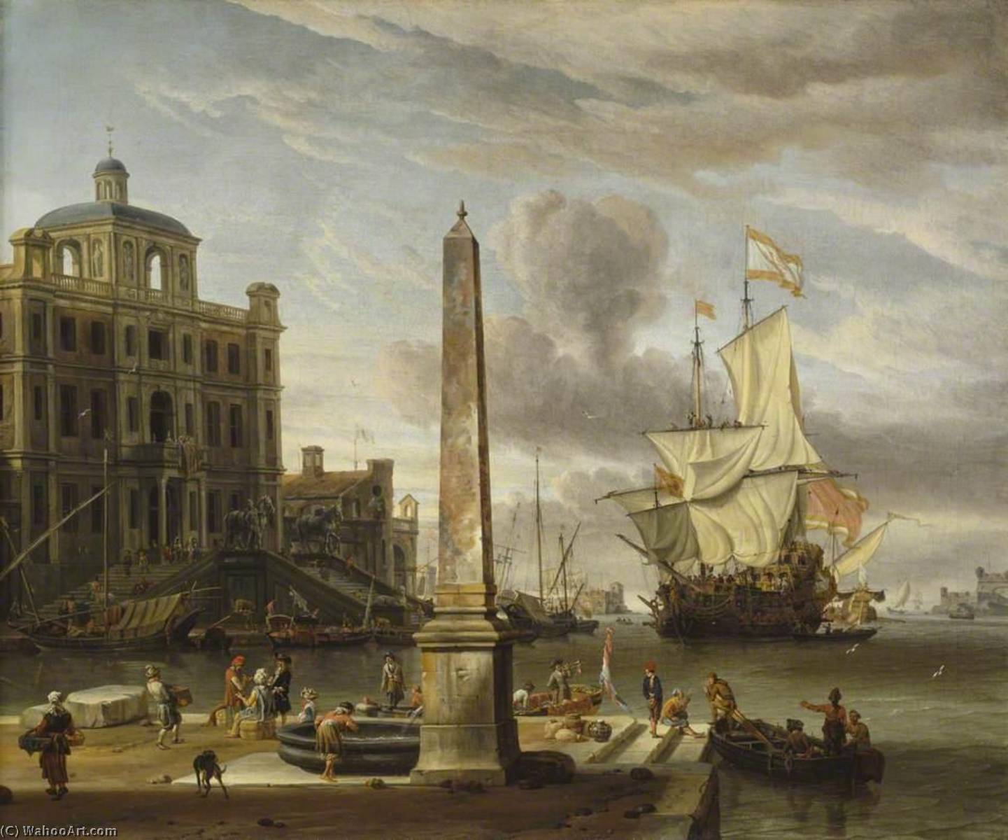 Italianate Harbour View With A Fantasy Building And Man O' War — Abraham Storck (sturckenburch)