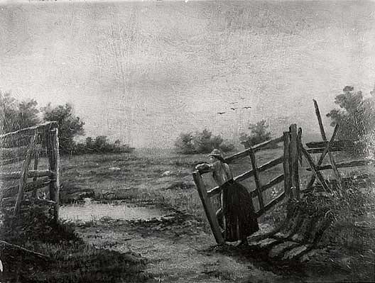 (landscape With Woman Leaning On Rail Fence), (painting) — Sopha Orene Bacon Bennett