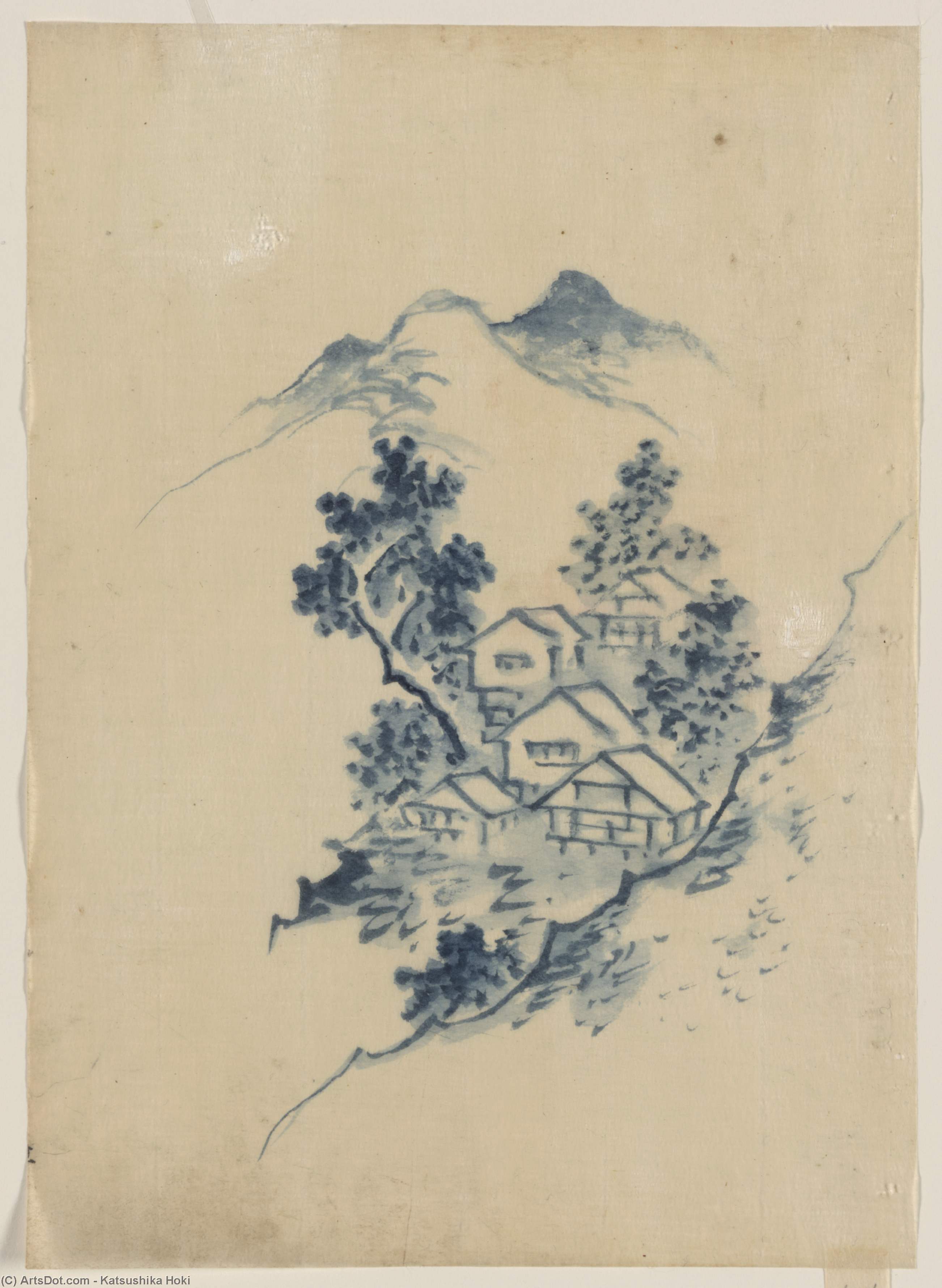 Edificios Anidados Entre Árboles En Un Valle Montañoso — Katsushika Hokusai