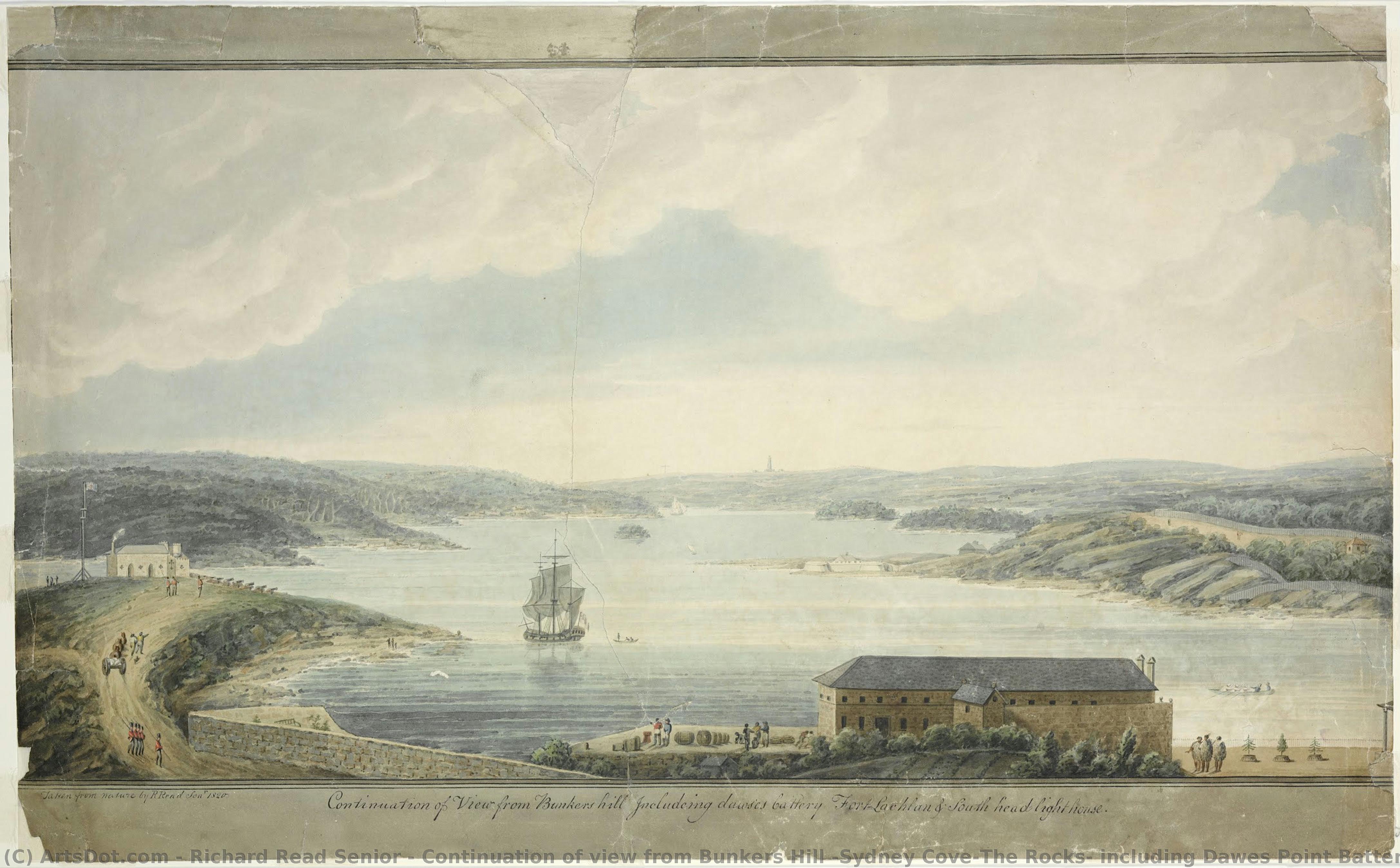 Continuation Of View From Bunkers Hill (sydney Cove/the Rocks) Including Dawes Point Battery, Fort Lachlan & South Head (aka Macquarie) Lighthouse — Richard Read Senior
