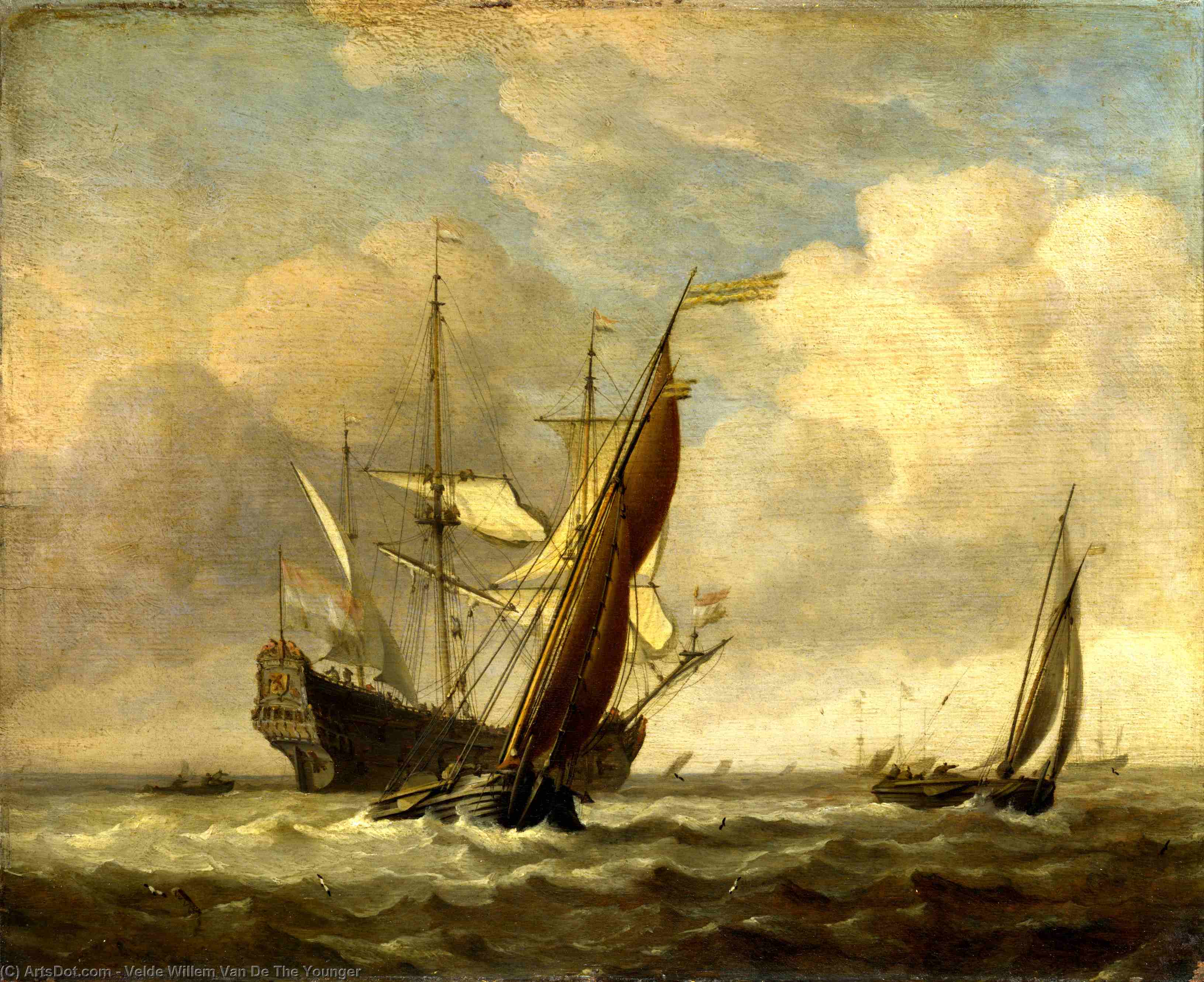 Two Small Vessels And A Dutch Man-of-war In A Breeze — Willem Van De Velde Der Jüngere