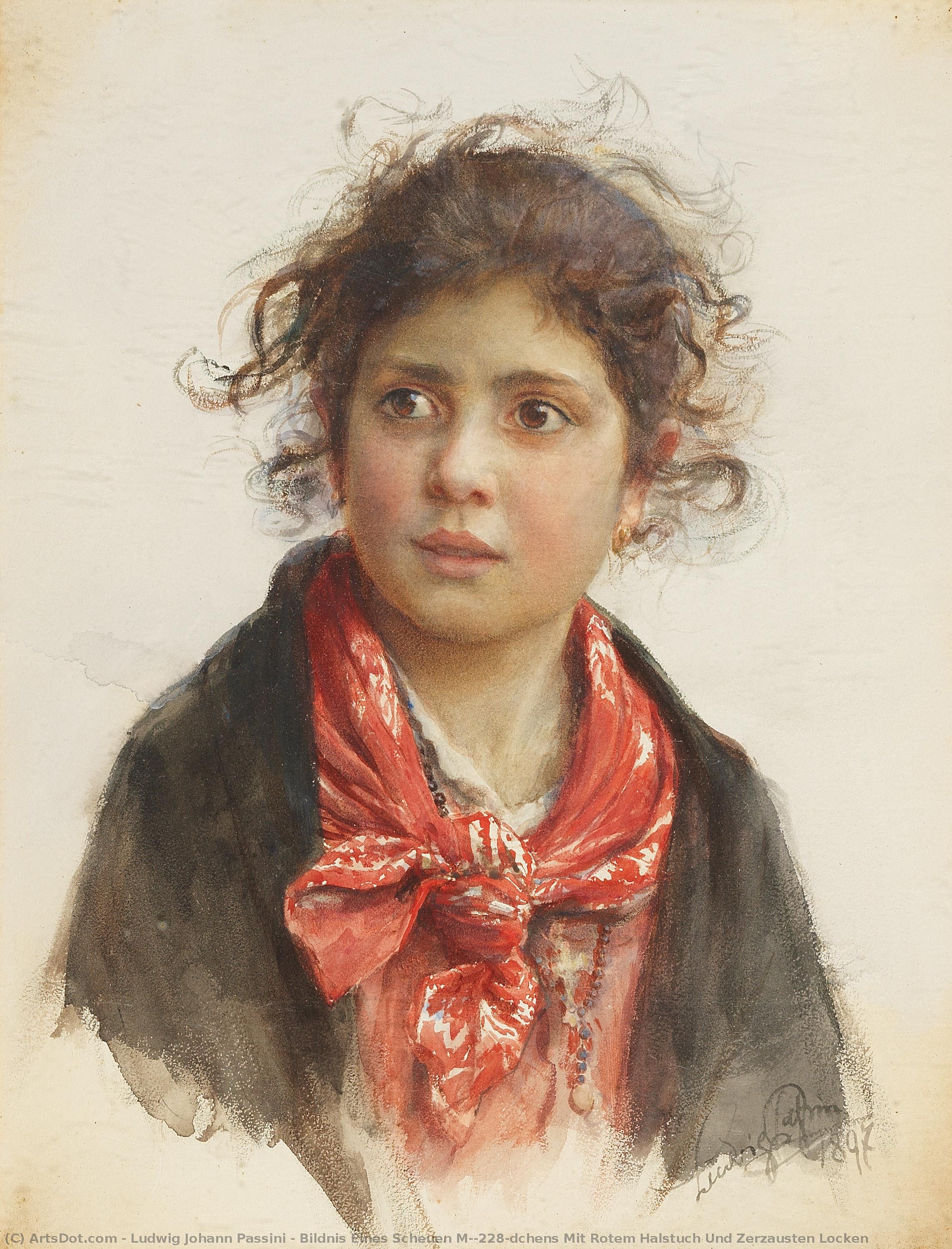 Bildnis Eines Scheuen Mädchens Mit Rotem Halstuch Und Zerzausten Locken — Ludwig Johann Passini