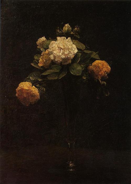 White And Yellow Roses In A Tall Vase — Henri Fantin-latour