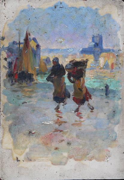 Deux Femmes Portant Du Poisson Avant Port De Dieppe (au Fond De L'église Saint Jacques) — Léon Jules Lemaître