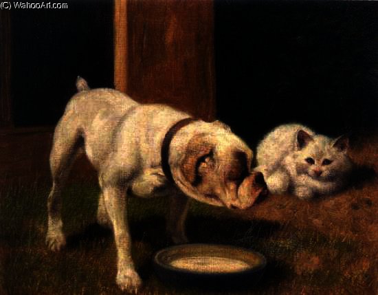 A Bulldog With White Persian Cat — Arthur Heyer