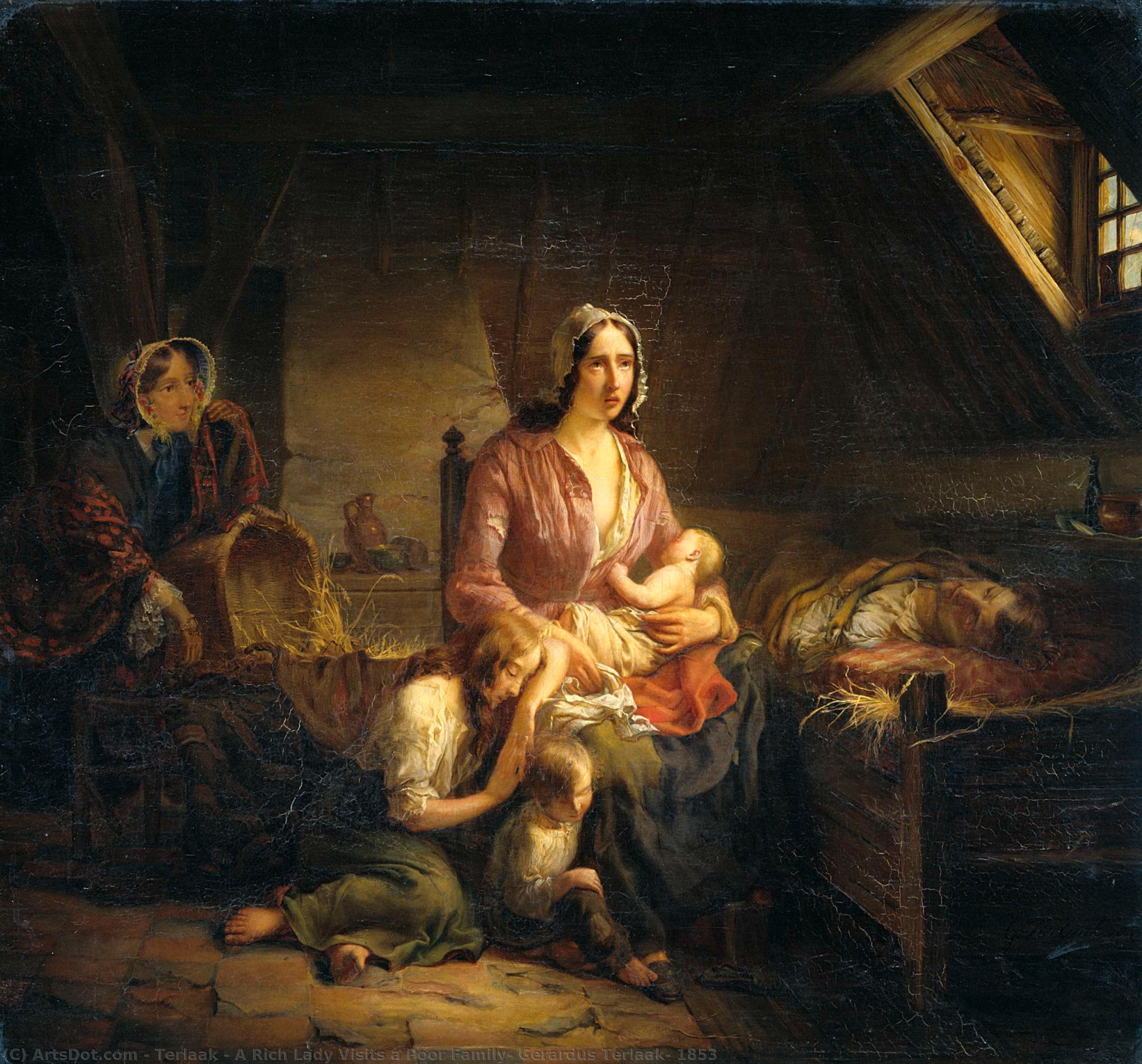 A Rich Lady Visits A Poor Family, Gerardus Terlaak, 1853 — Terlaak