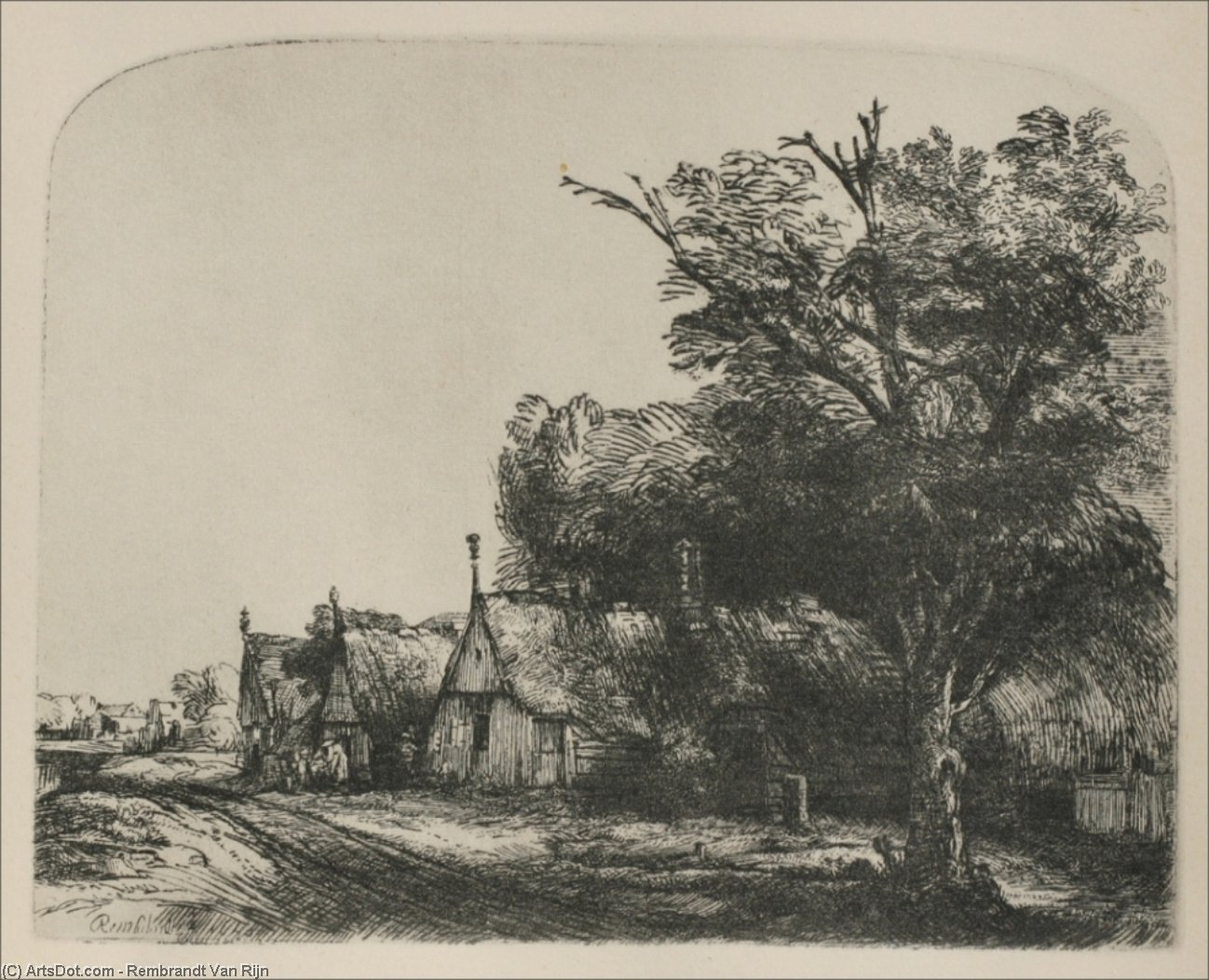 Landschaft Mit Drei Satteldächern Neben Einem Weg — Rembrandt Van Rijn