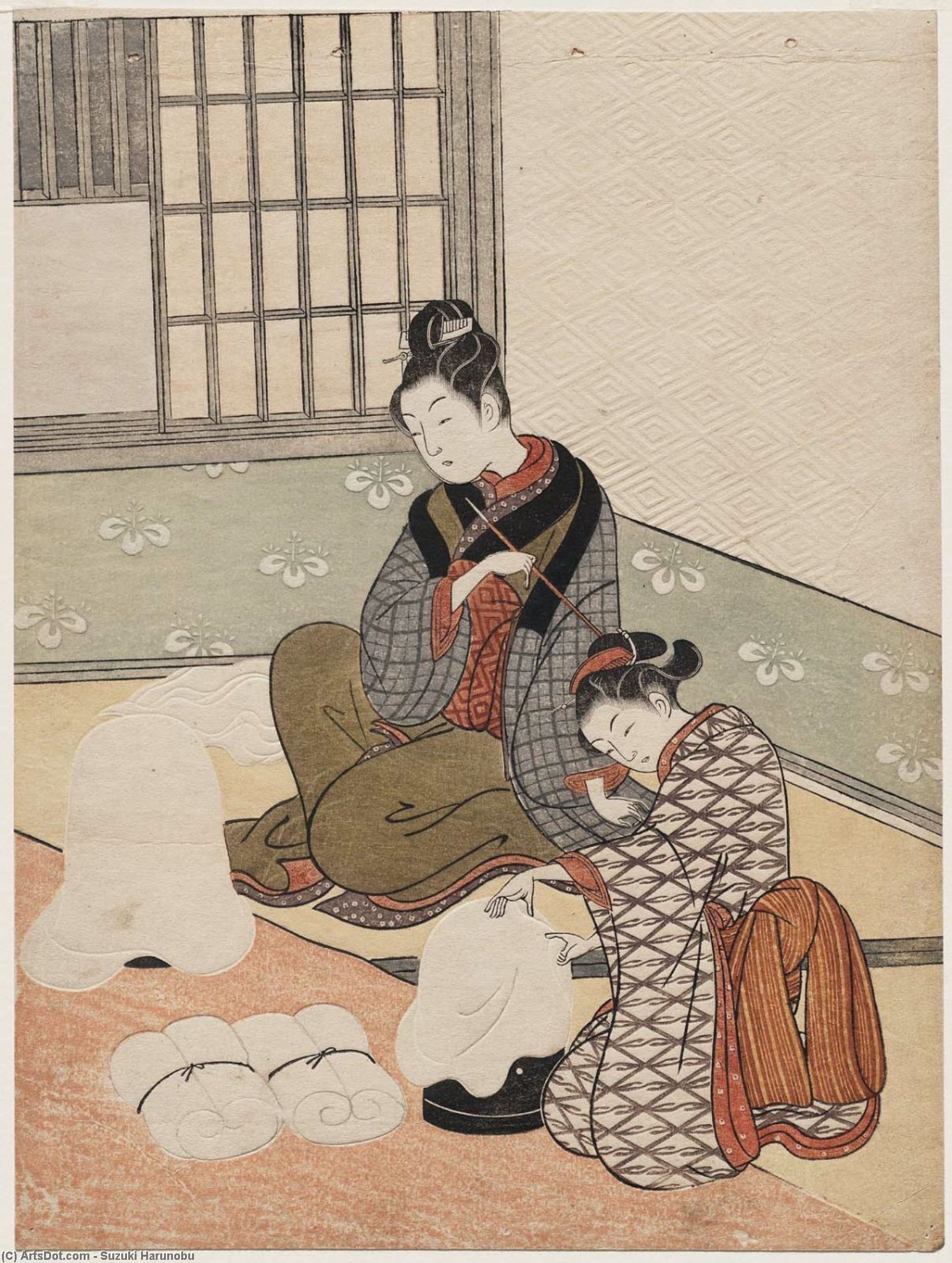 Twilight Snow Of The Floss-stretching Form — Suzuki Harunobu