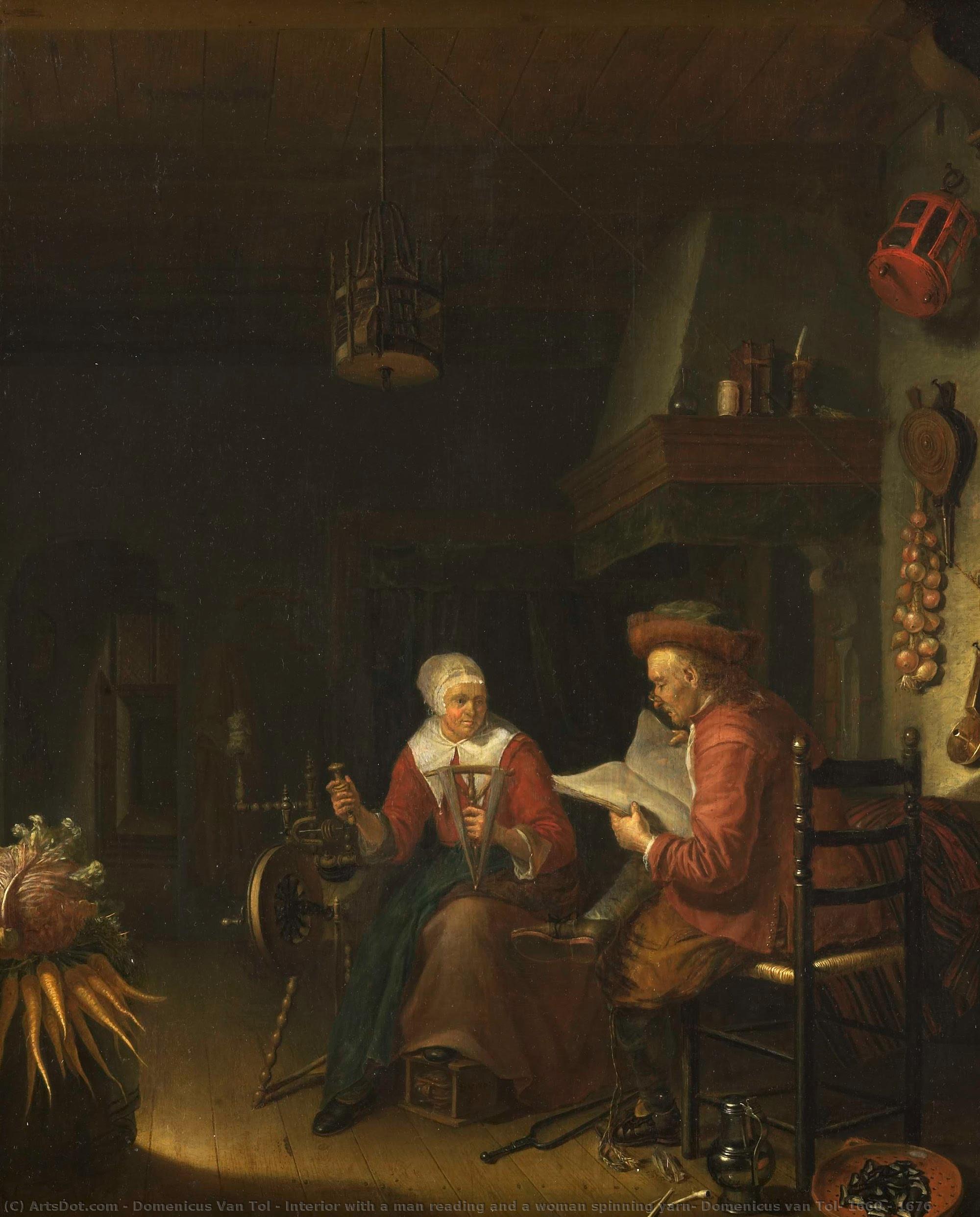 Interior With A Man Reading And A Woman Spinning Yarn, Domenicus Van Tol, 1660 - 1676 — Domenicus Van Tol