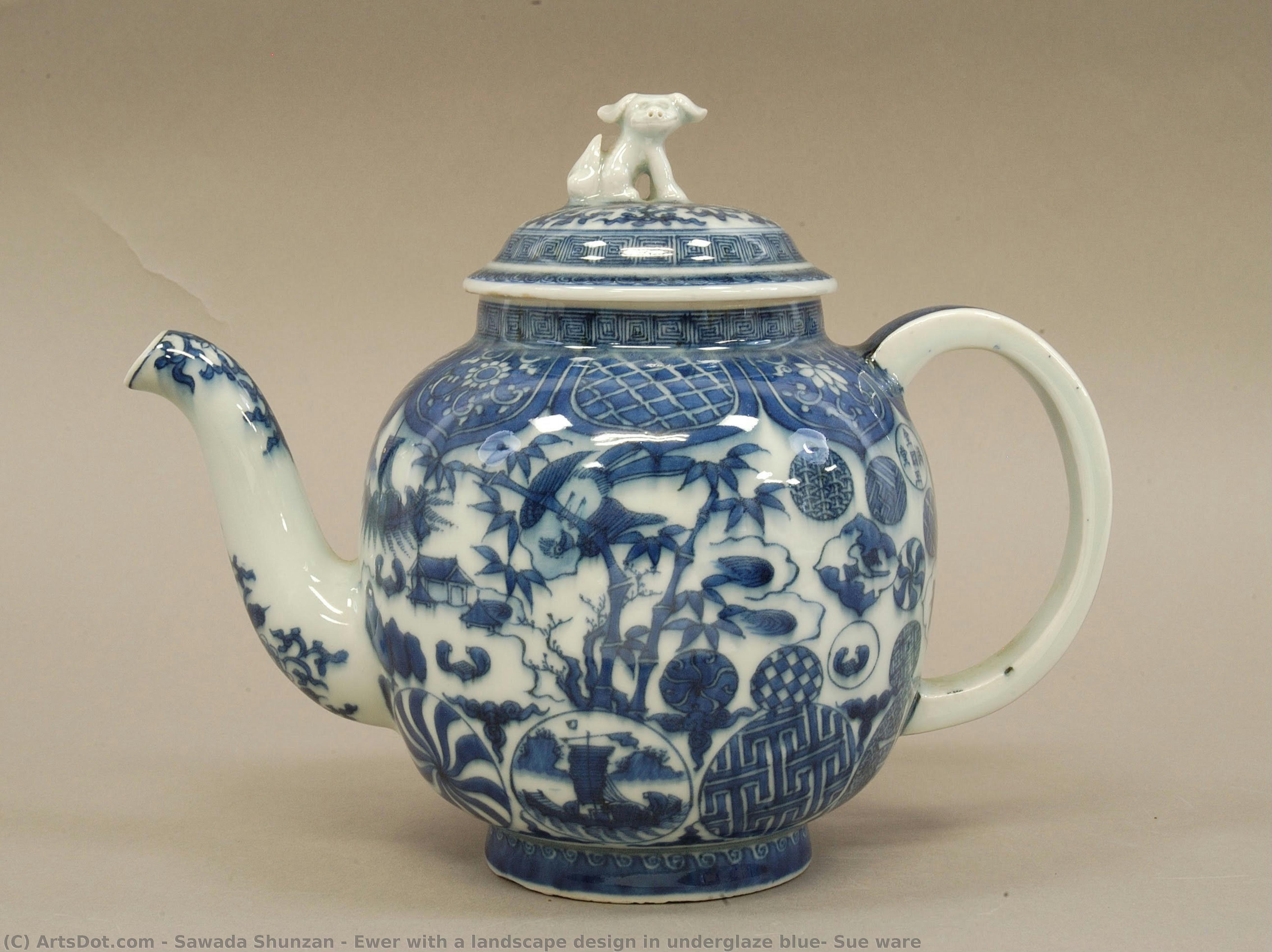 Ewer With A Landscape Design In Underglaze Blue, Sue Ware — Sawada Shunzan