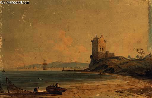 Figures Mending The Nets On The Foreshore Before A Ruined Tower — John Varley I (the Older)