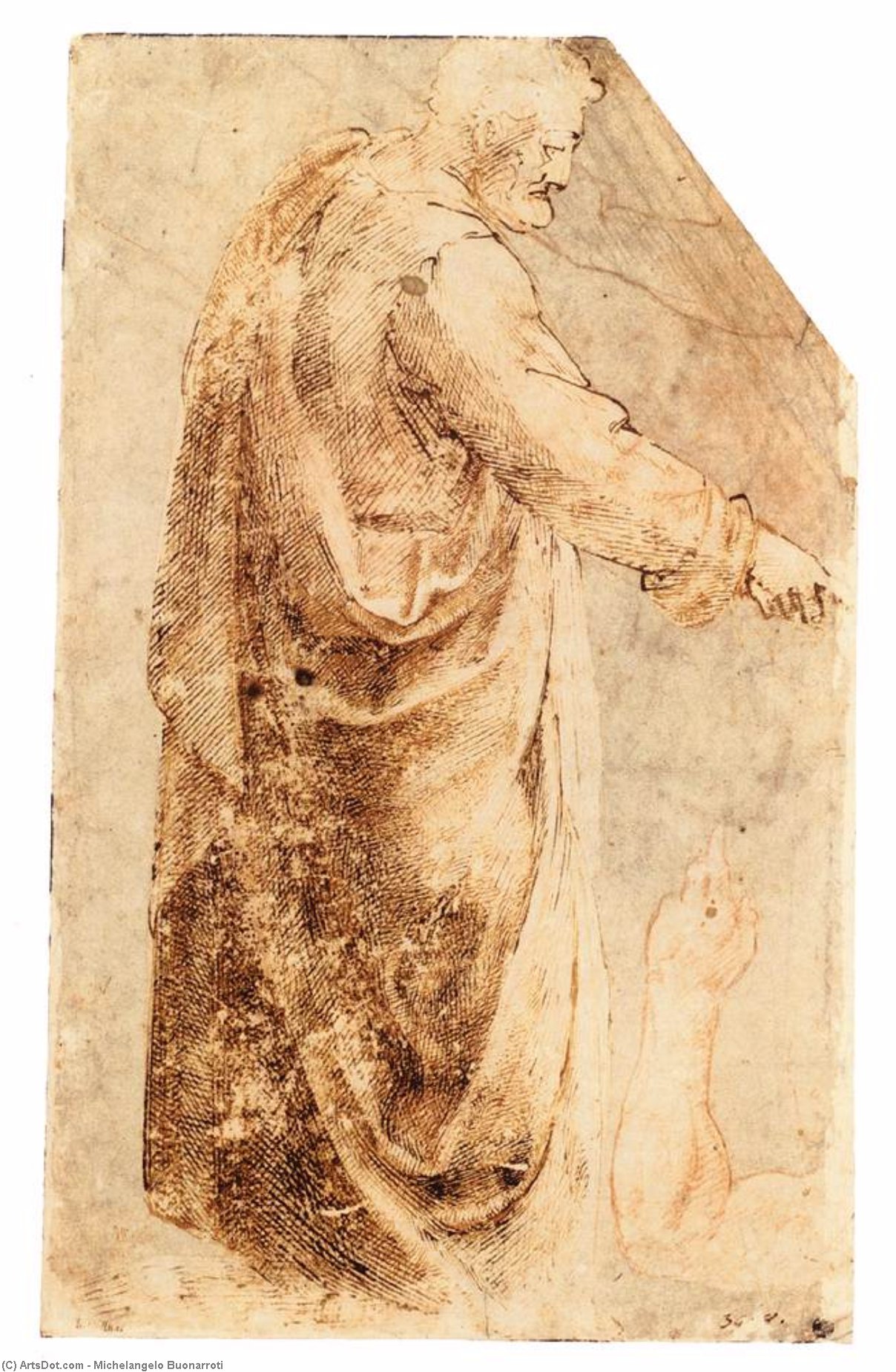 Male Figure After Masaccio, Arm Studies (recto) — Michelangelo Buonarroti