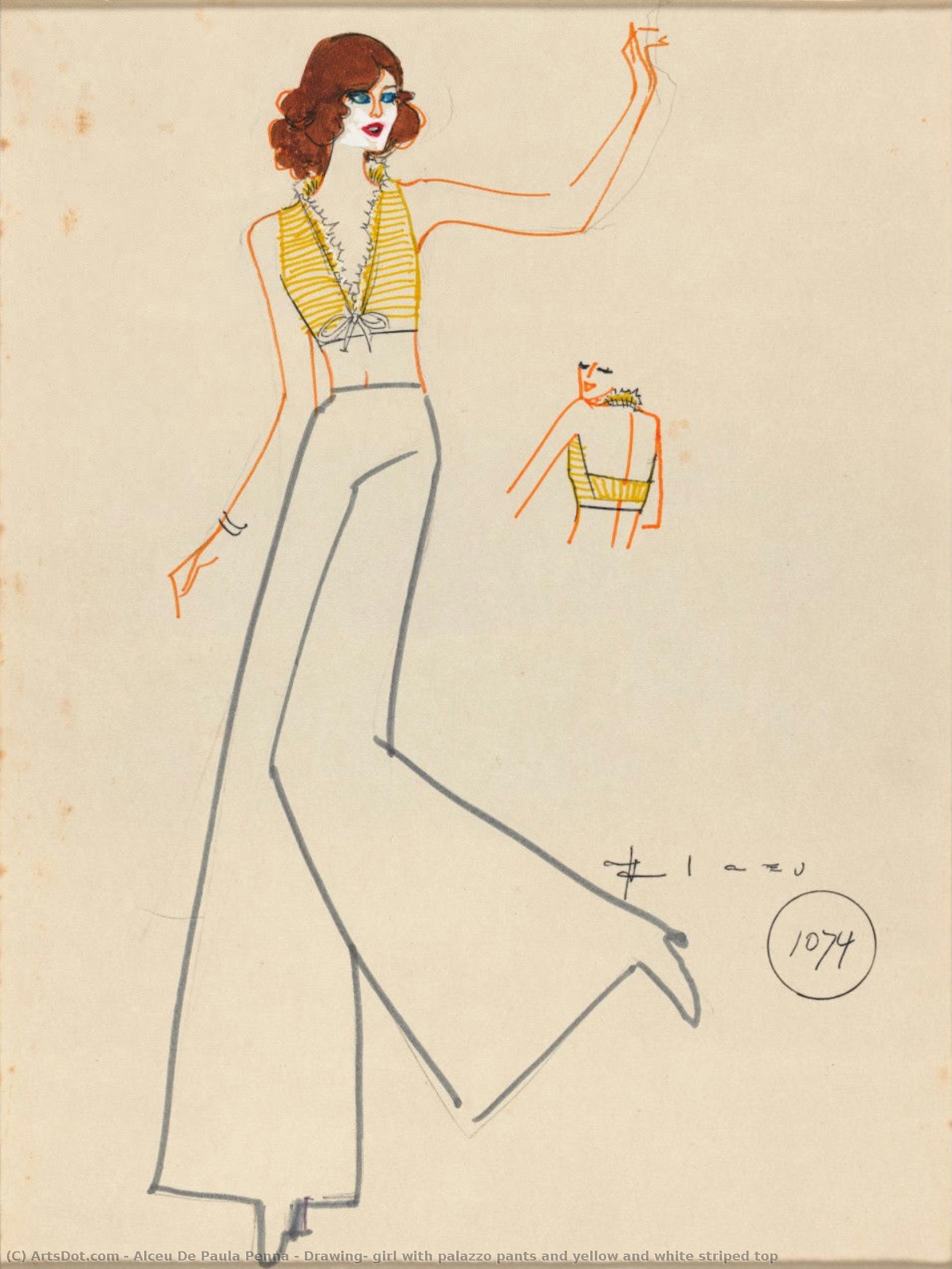 Drawing, Girl With Palazzo Pants And Yellow And White Striped Top — Alceu De Paula Penna