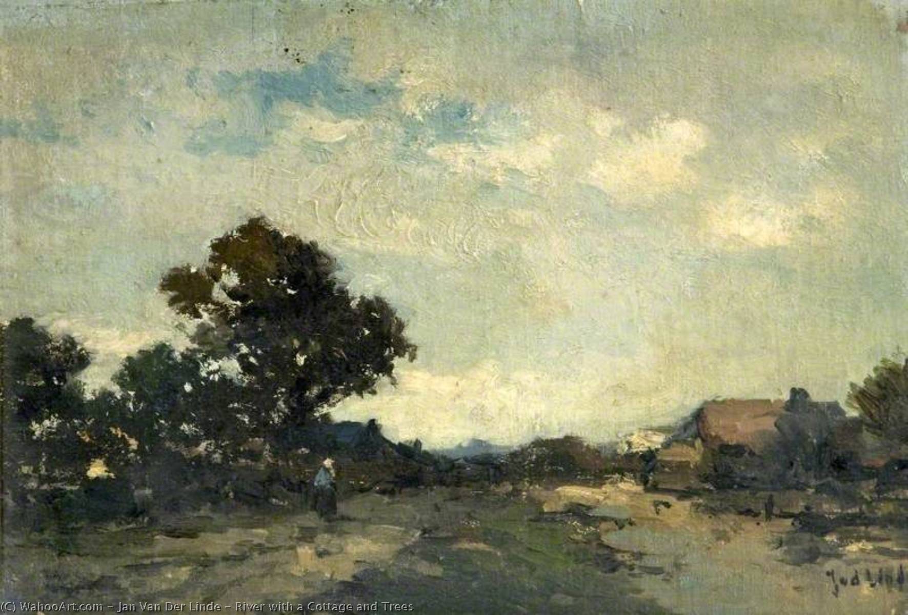 River With A Cottage And Trees — Jan Van Der Linde
