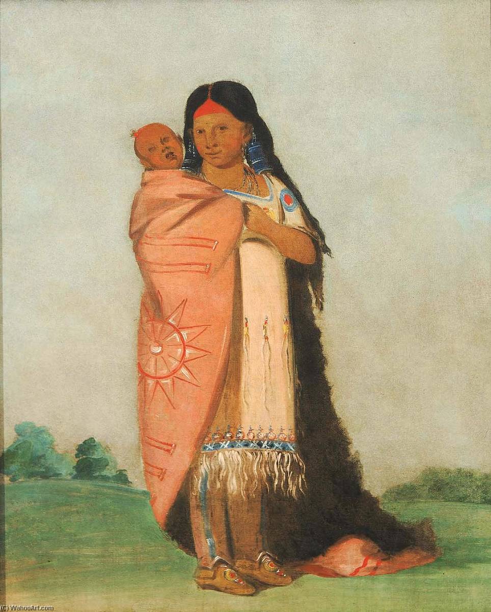 Tsee Moúnt, Great Wonder, Carrying Her Baby In Her Robe — George Catlin