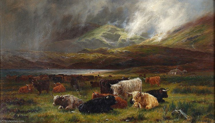Highland Cattle Resting Near A Loch — Louis Bosworth Hurt