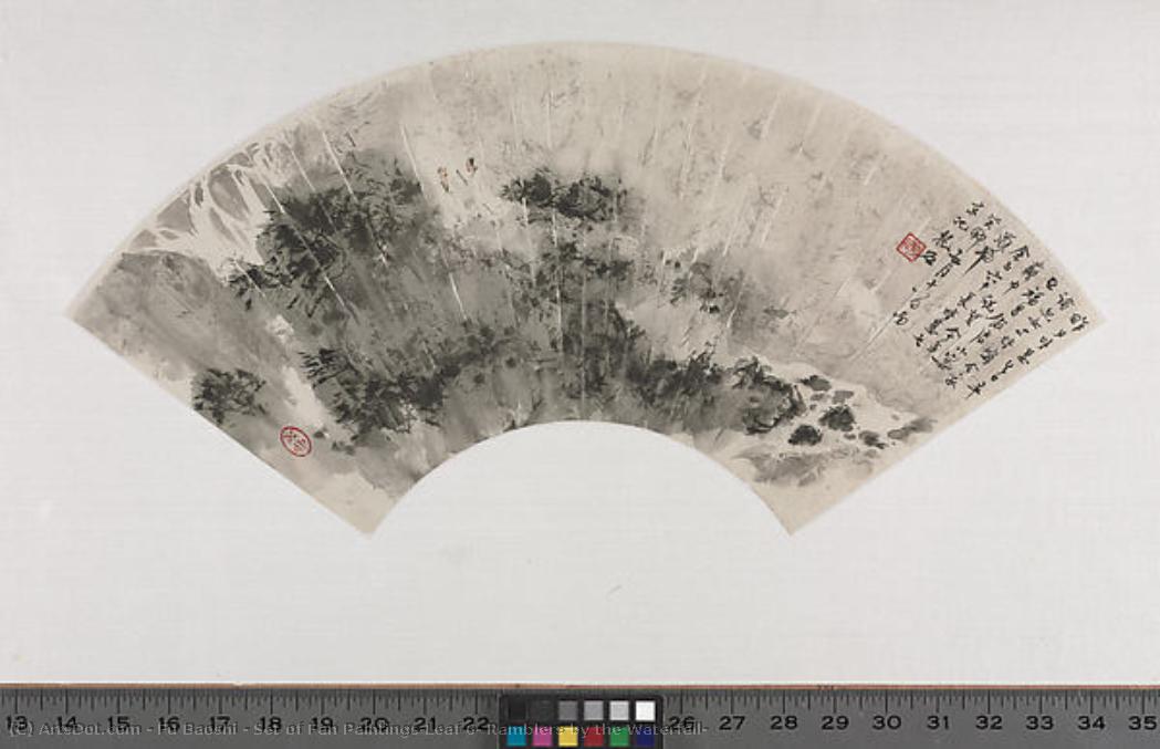 Set Of Fan Paintings Leaf 6: Ramblers By The Waterfall — Fu Baoshi