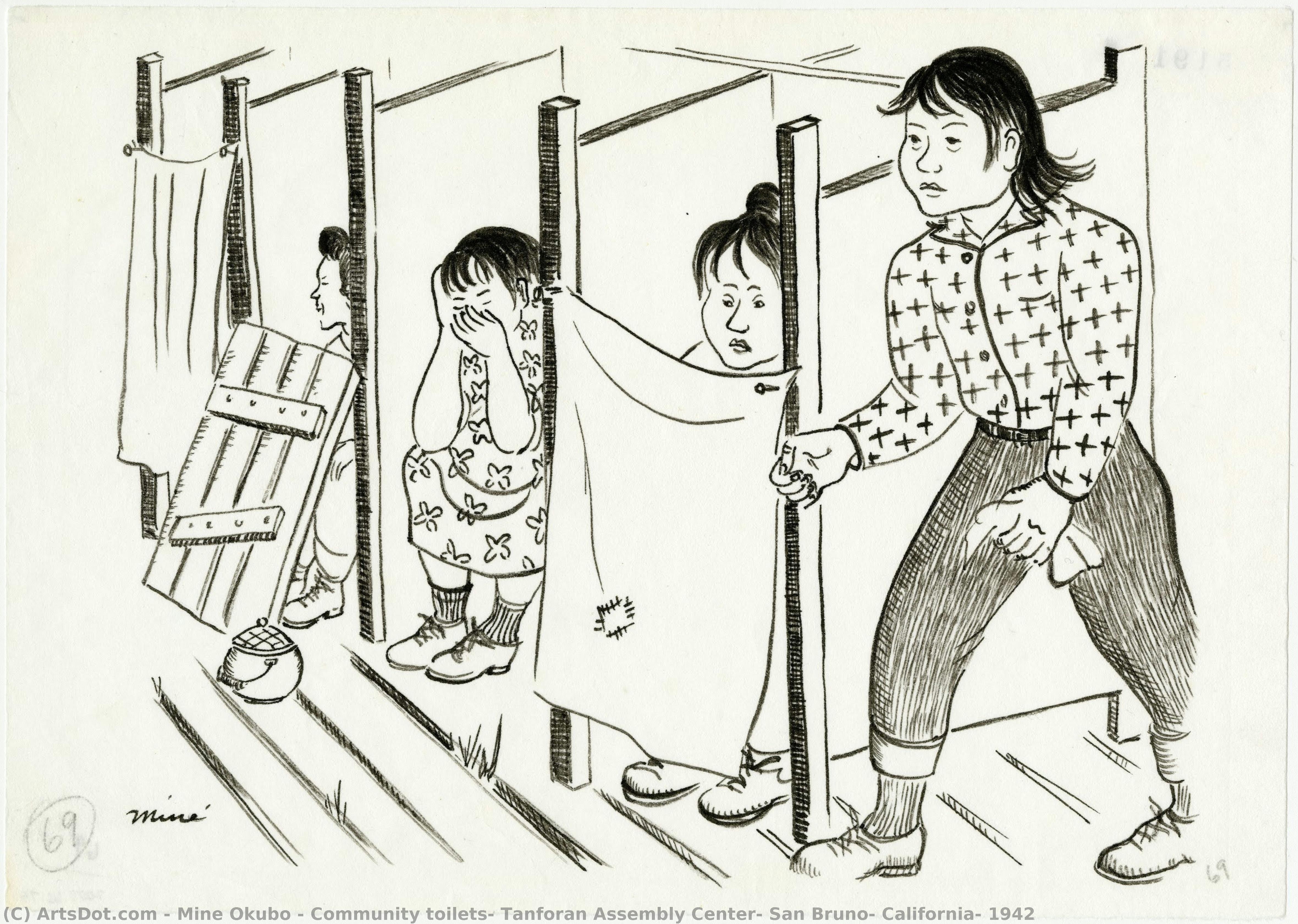 Community Toilets, Tanforan Assembly Center, San Bruno, California, 1942 — Miné Okubo