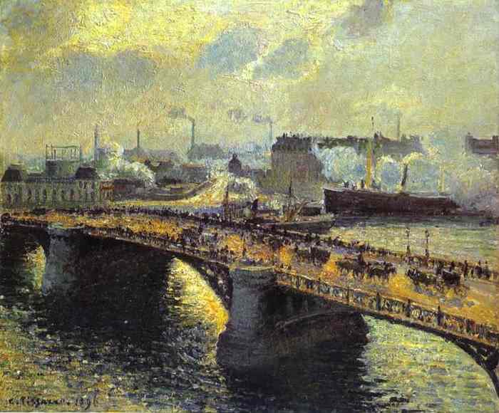 The Boieldiieu Bridge At Rouen, Setting Sun, Foggy Weather — Camille Pissarro