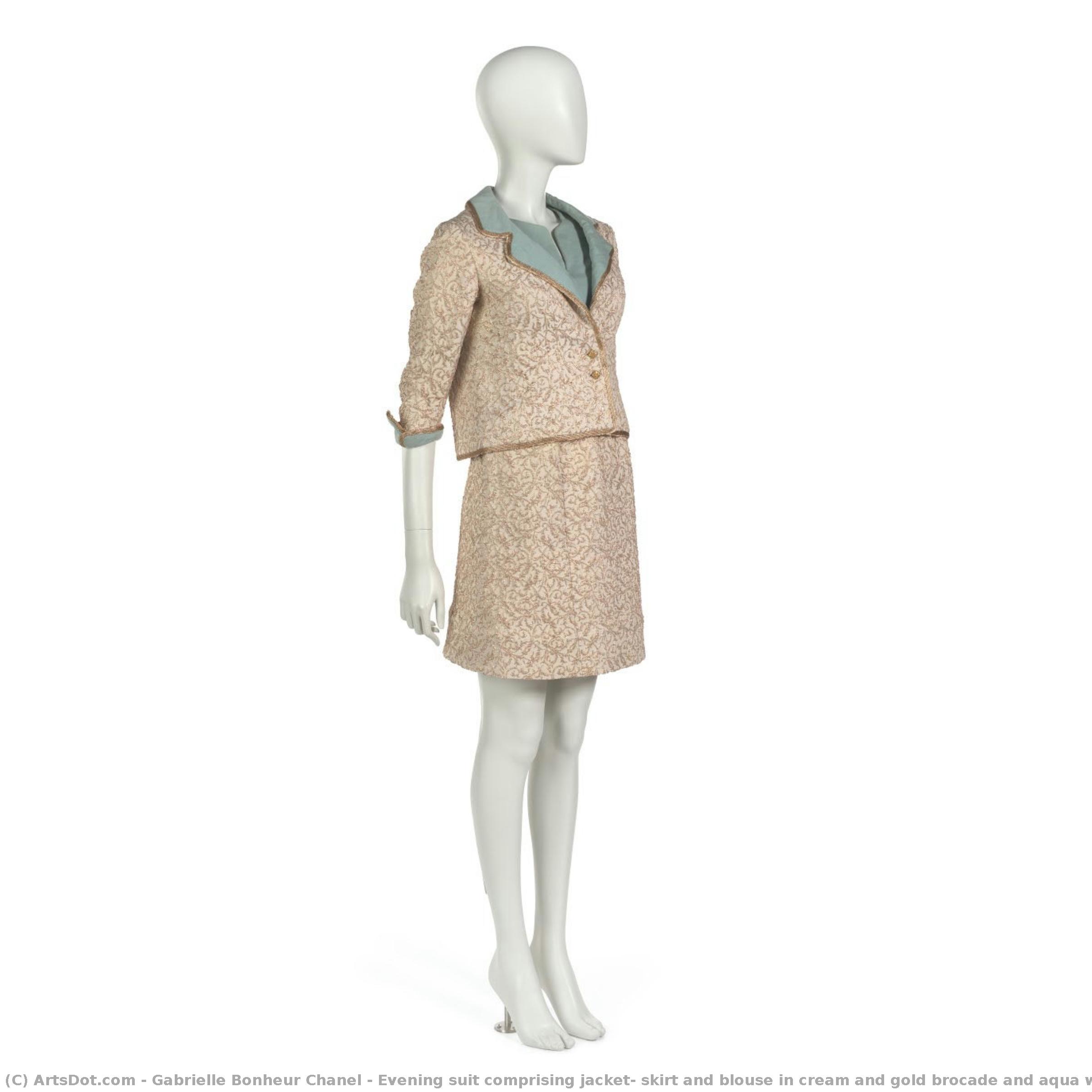 Evening Suit Comprising Jacket, Skirt And Blouse In Cream And Gold Brocade And Aqua Wool Jersey — Gabrielle Bonheur Chanel