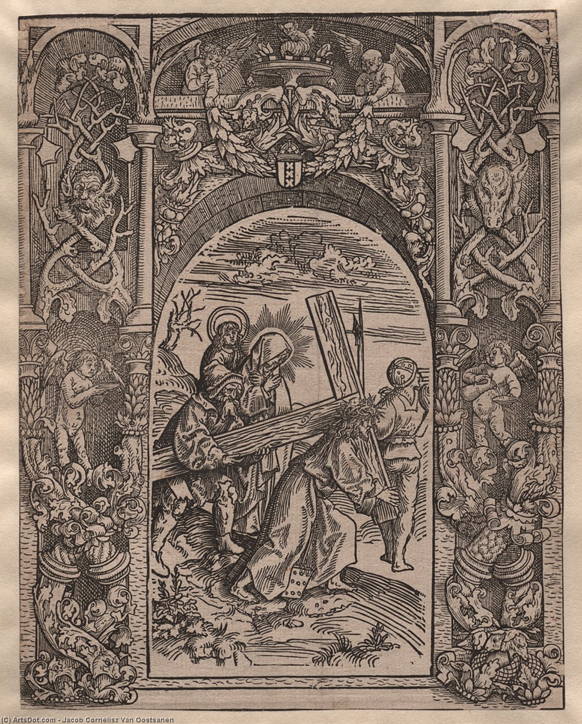 Calvary With Ornamental Frame — Jacob Cornelisz Van Oostsanen