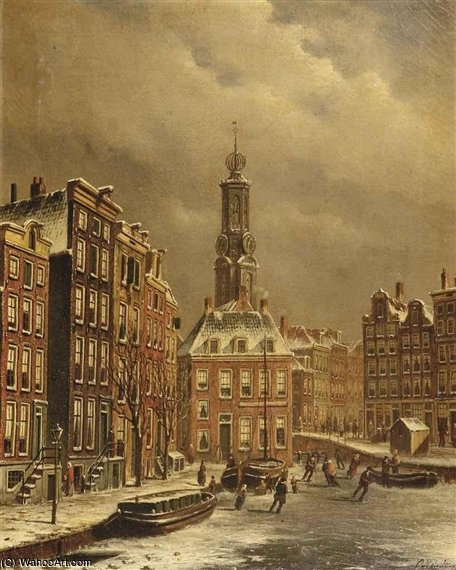 Skaters On A Frozen Canal Near The Munttoren — Oene Romkes De Jongh