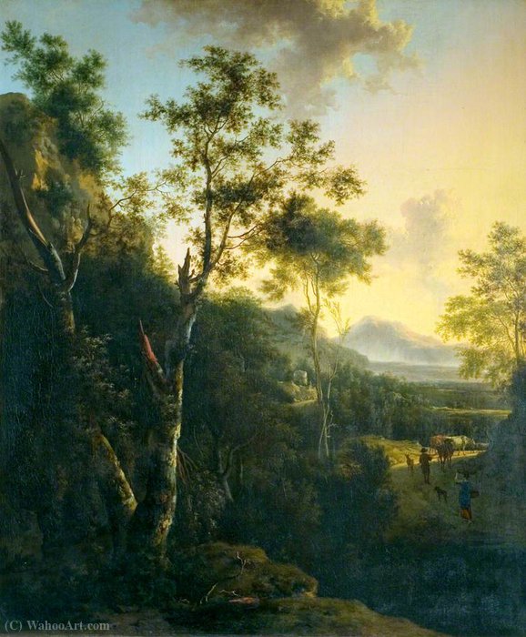 Rocky Landscape With A Statue, A Broken Column And Figures — Frederick De Moucheron