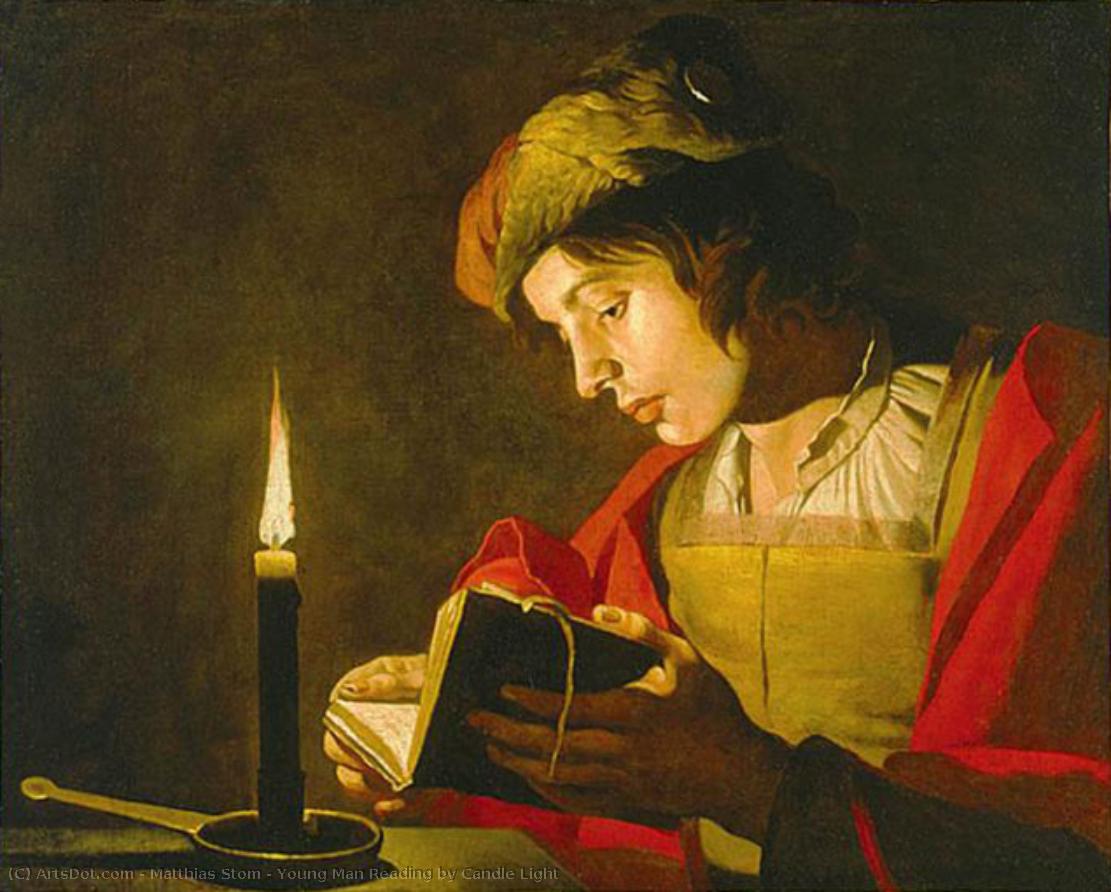 Young Man Reading By Candle Light — Matthias Stomer